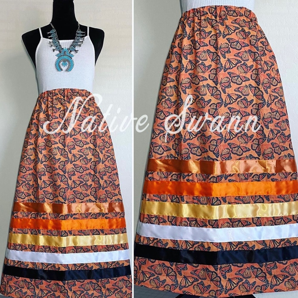 Orange butterfly cotton ribbon skirt. Native American fashion.